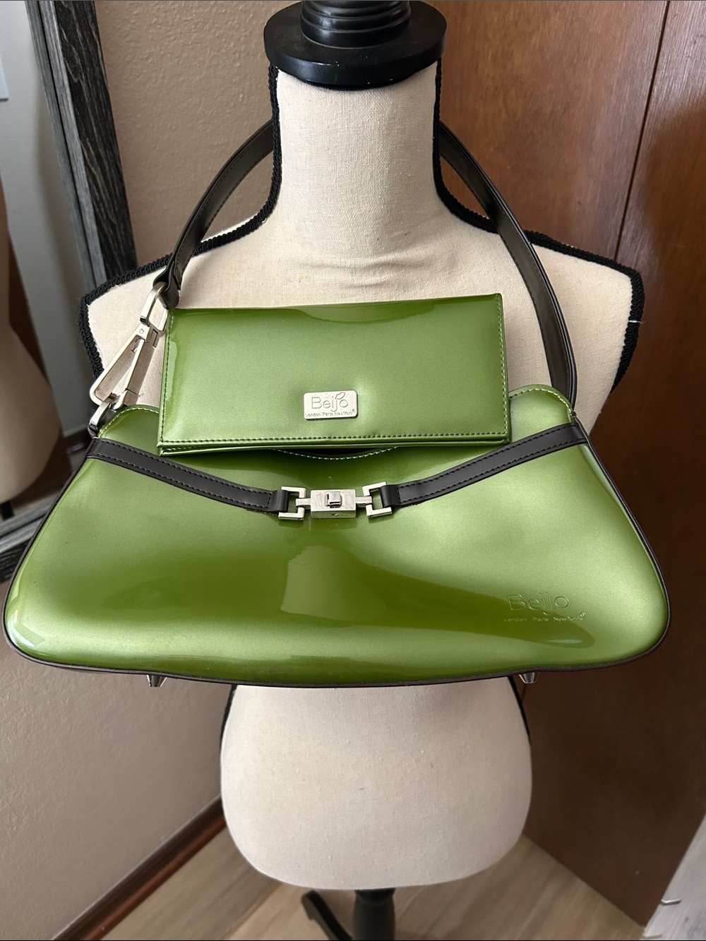 Beijo Lime Green Patent Leather Shoulder Bag with Dark Trim